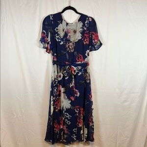 HARPER ROSE MIDI SHORT SLEEVE DRESS SIZE‎ 10 BLUE FLORAL SHEER SLEEVE LINED BELT
